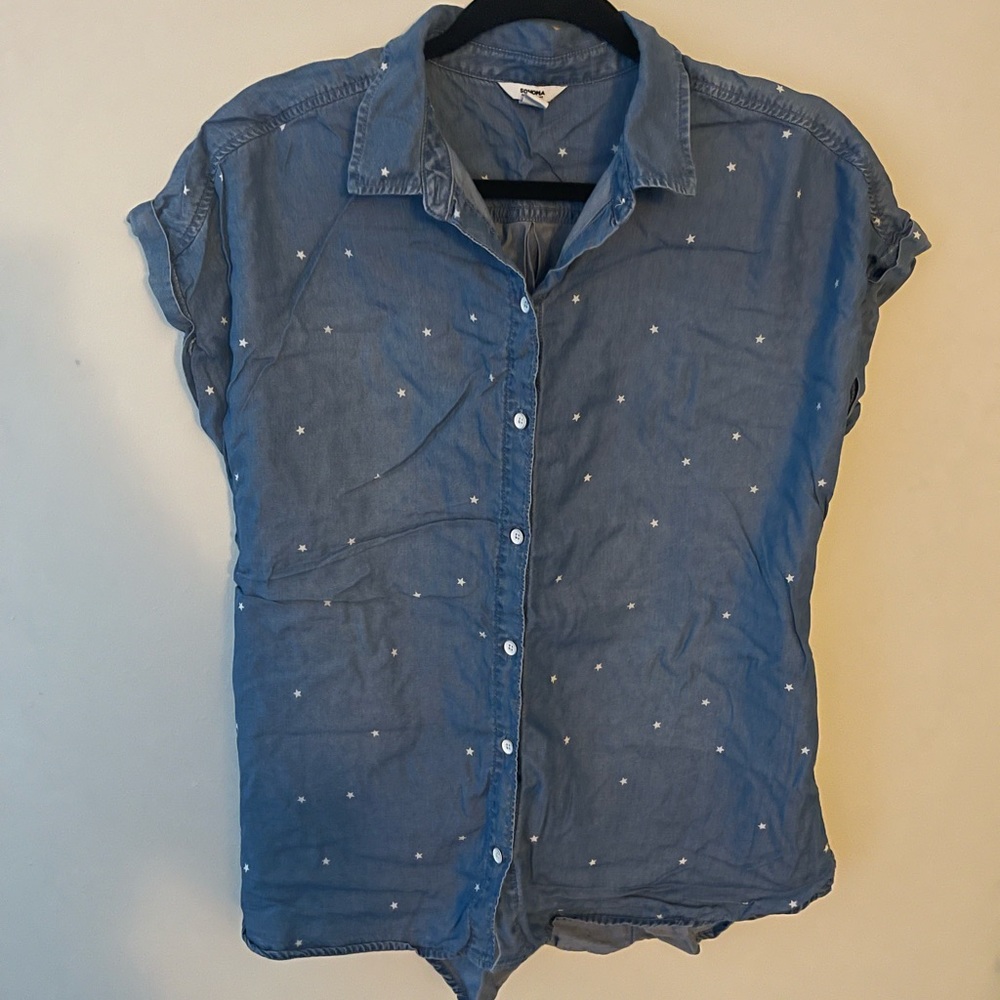 Chambray Button-Down Blouse with White Stars